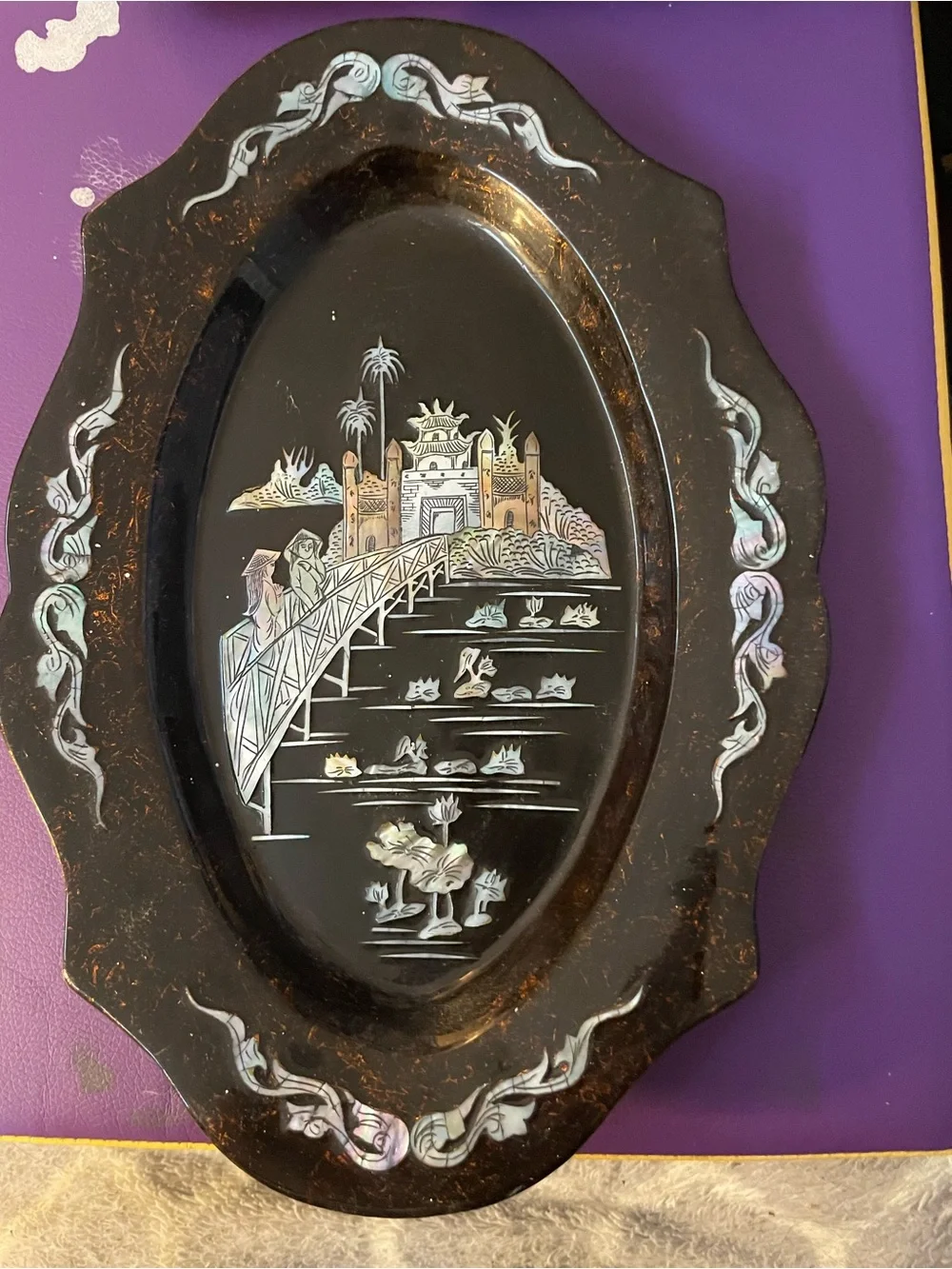 Hand-Painted Black Lacquer Decorative Serving Trays with Mother-of-Pearl Inlay